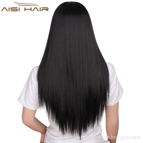 Good Quality Heat Resistant Fiber Wigs For Women Long Silky Straight Style Synthetic Black Color Wigs